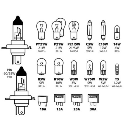 Kit lampade riserva 19 pezzi 12v- 2 x h4